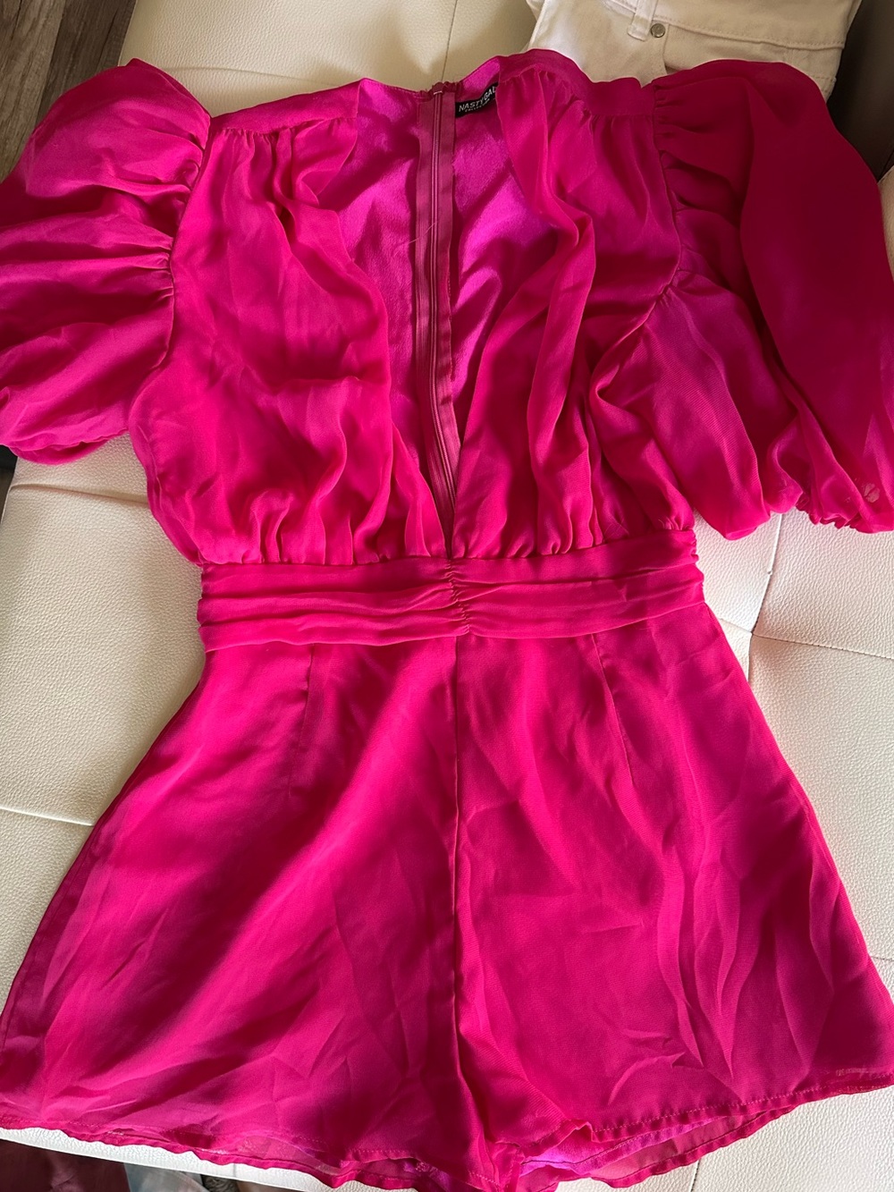 Nasty Gal Hot Pink Puff Sleeve Romper